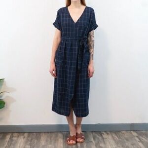 Mittoshop Dress Faux Wrap Navy Blue Pockets Short Sleeves Size Small Windowpane